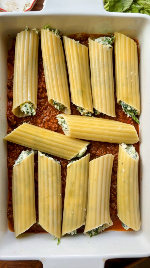 cheesy beef & spinach manicotti