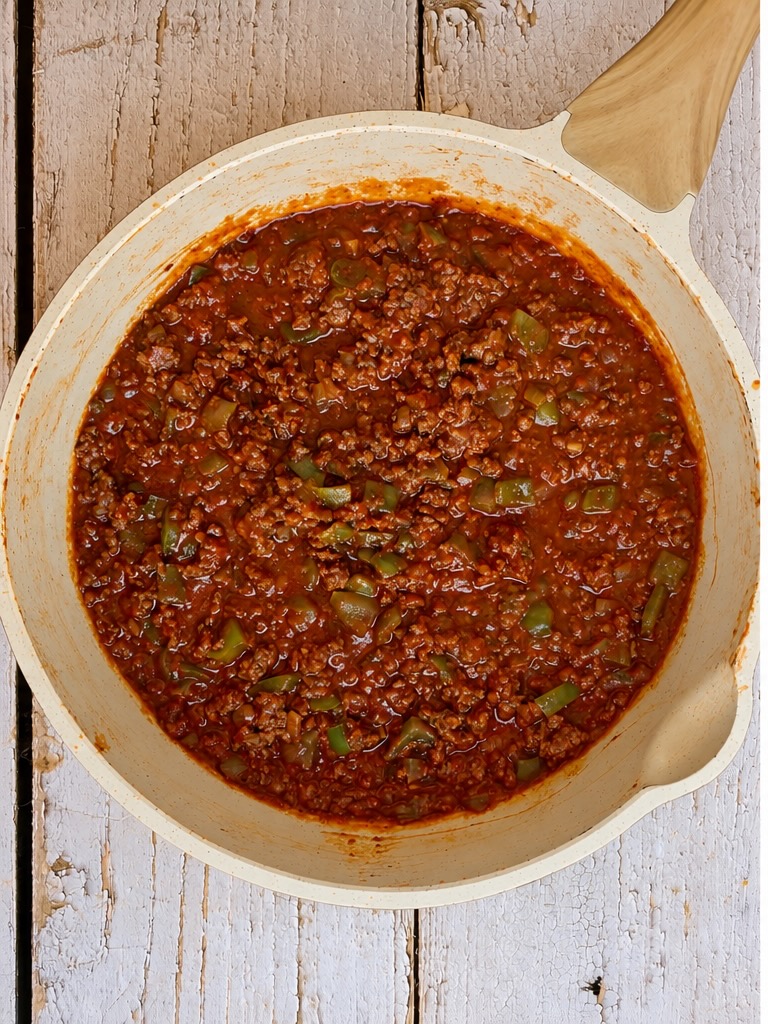 Ground meat and chopped green peppers simmering in a thick tomato sauce in a light-colored skillet.