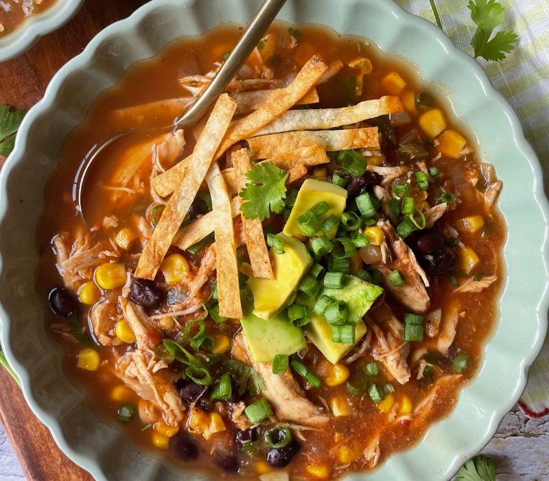 A bowl of slow cooker chicken tortilla soup topped with avocado, tortilla strips, cilantro, and green onions. The soup features tender chicken breast, corn, and black beans in a savory tomato-based broth. A spoon rests in the bowl.